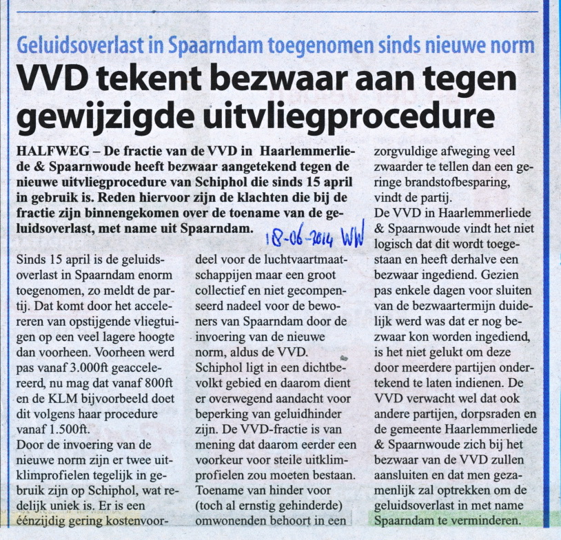 20140618-WW VVD tekent bezwaar aan tegen gewijzigde uitvliegprocedure Schiphol