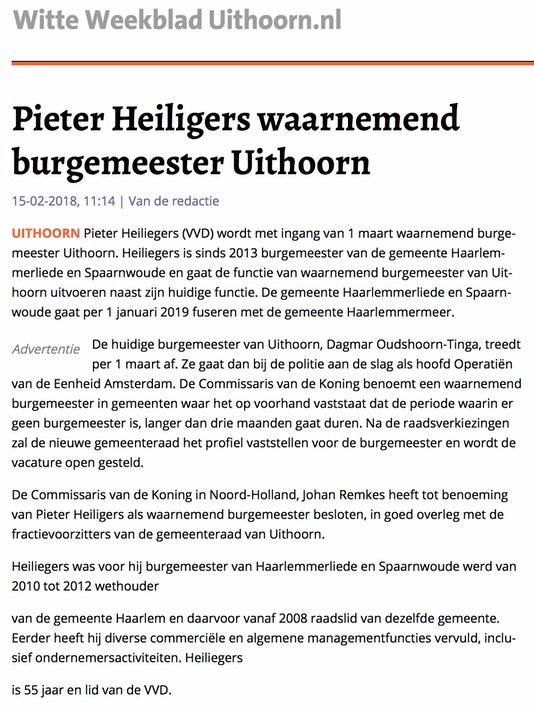20180215-WW-Pieter Heiliegers waarnemend burgemeester Uithoorn