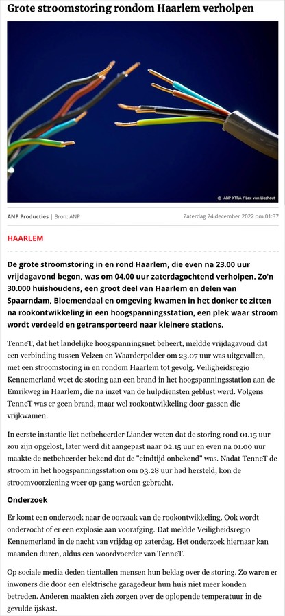 20221224-HDi Grote stroomstoring rondom Haarlem verholpen