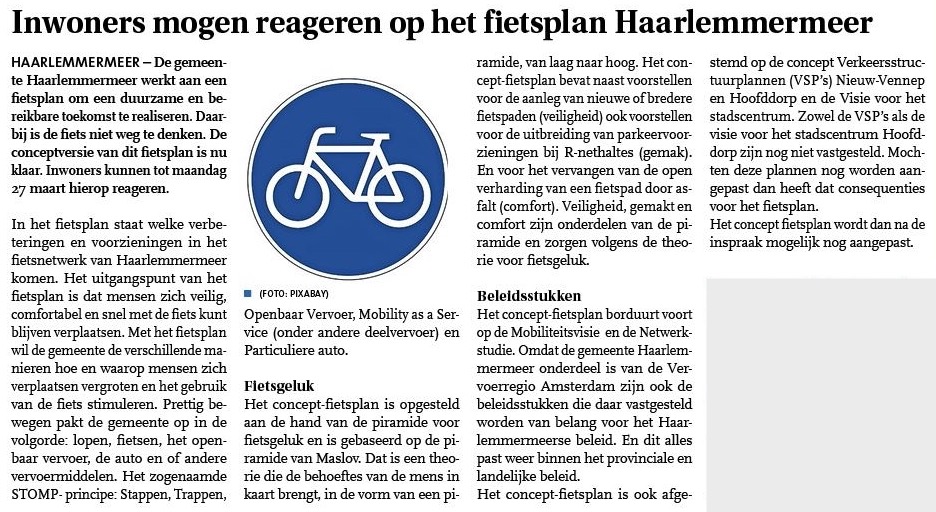 20230208-WP Inwoners mogen reageren op het fietsplan Haarlemmermeer